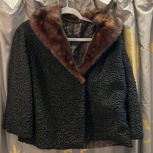Vintage Max Bogen Black Persian Lamb Swirl Jacket with Real Mink Fur Collar S/M